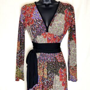 Boston Proper Boho Maxi Dress XS Multicolor Paisley Sequin Wrap Belted Peacock